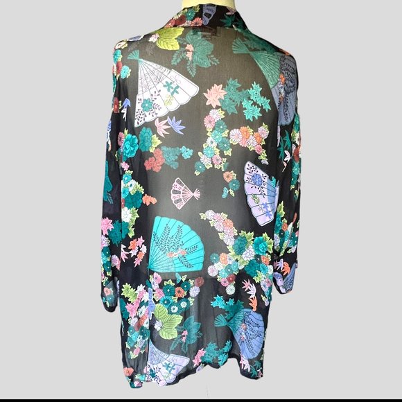 Vintage Sensu Fan Floral Print Sheer Chiffon Rayon Open Front Kimono Jacket - Picture 3 of 5